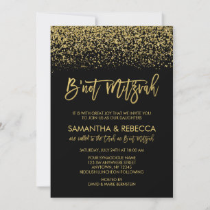 Moderne Schwarze Imitat Gold Glitzer B'not Mitzvah Einladung