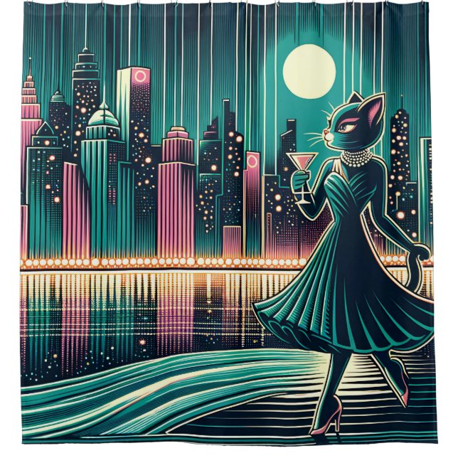 "Moderne Schwarze Katze Elegance" aus dem Mittelal Duschvorhang (Vorderseite)