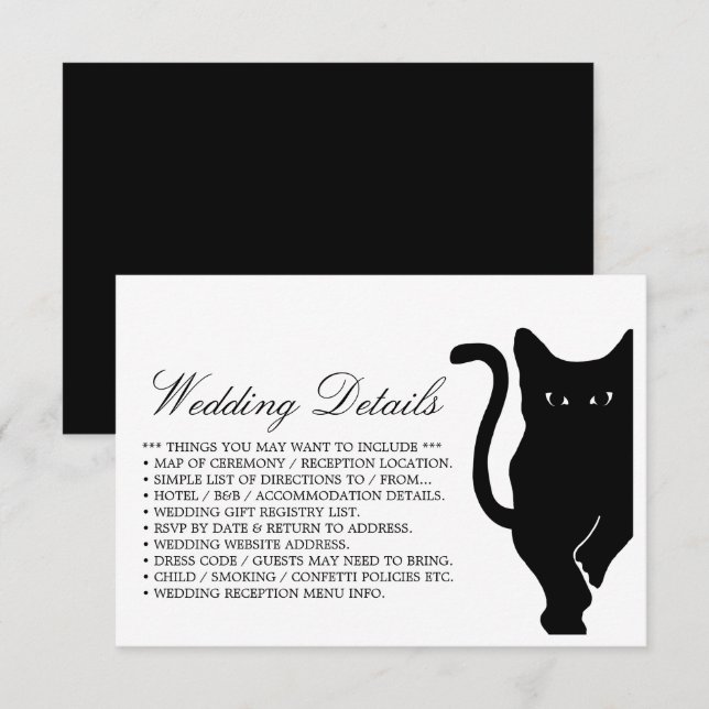 Moderne schwarze Katze Hochzeitsdetails Begleitkarte (Vorne/Hinten)