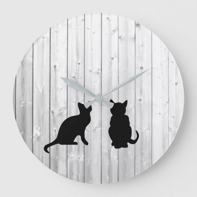 Moderne schwarze Katzen Silhouetten auf Driftwood  Große Wanduhr (Vorderseite)