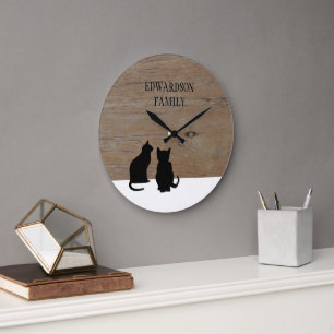 Moderne schwarze Katzen-Silhouetten Holz-Familienn Große Wanduhr