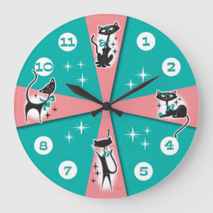 Moderne Schwarze Katzen-Wall-Uhr Mitte des Jahrhun Große Wanduhr