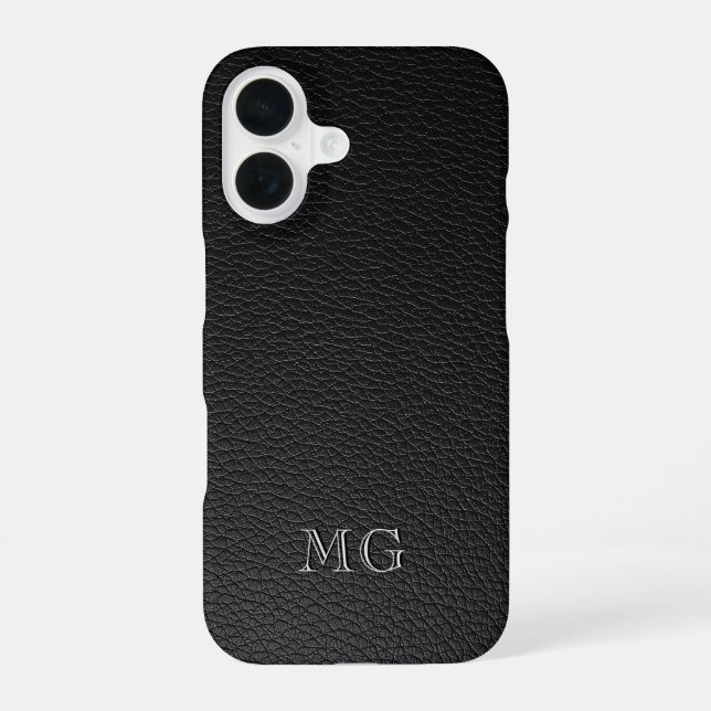 Moderne schwarze Kunstleder-Weiß-Monogramm-Initial iPhone 16 Hülle (Rückseite)