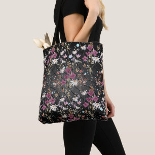 Moderne schwarze Linien Elegante Wildblumen Tasche