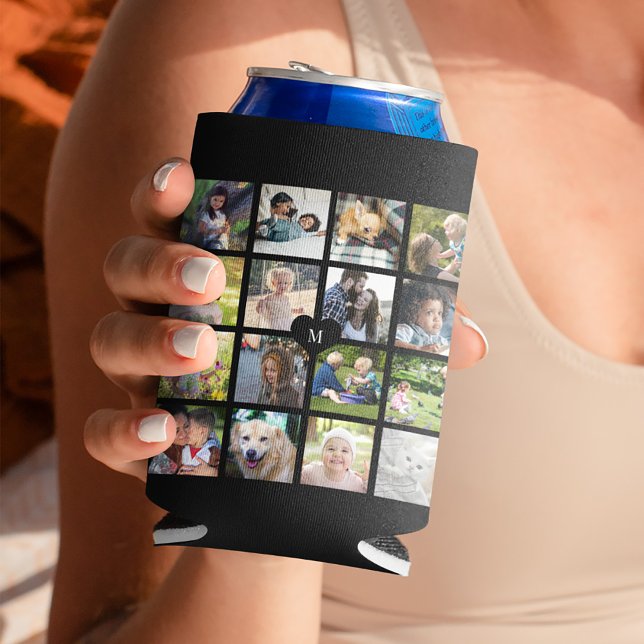 Moderne schwarze Monogramm 16-Foto-Collage Dosenkühler (Von Creator hochgeladen)