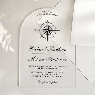 Moderne schwarze nautische Kompass-Hochzeit Acryleinladungen