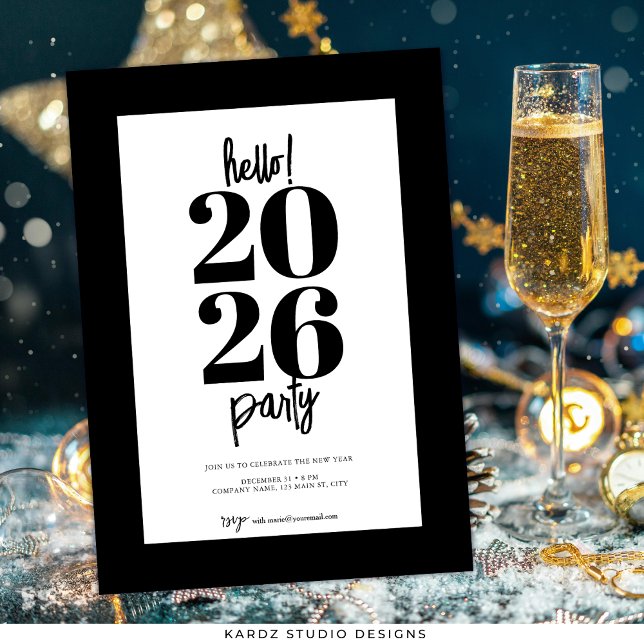 Moderne Schwarze Neue Jahre Party Einladung (Invite shown in 5 x 7 inches, choose size, paper, and corner style.)