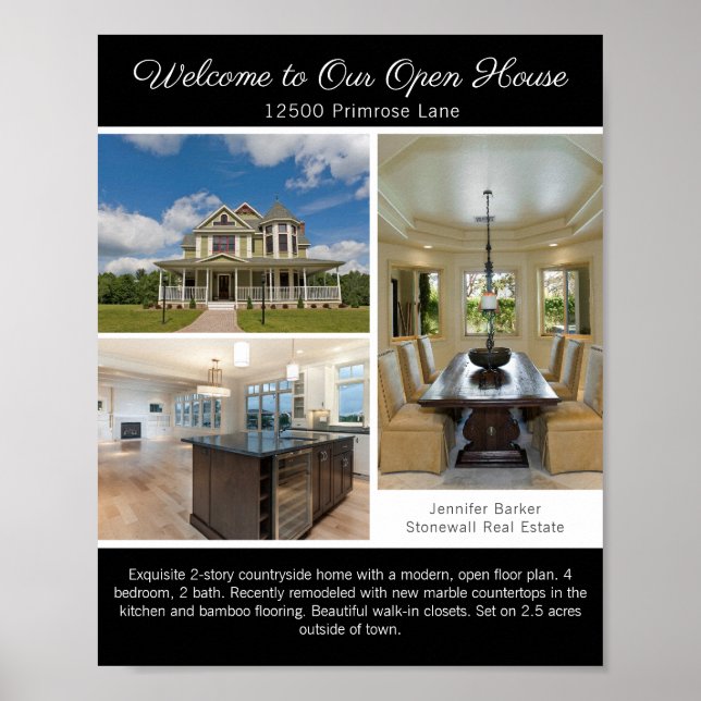 Moderne schwarze Open-House-Willkommens-Immobilien Poster (Vorne)