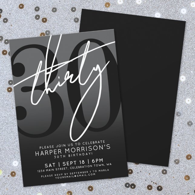 Moderne Schwarze Party Einladung 30. Geburtstag (Modern Black 30th Birthday Party Invitation)