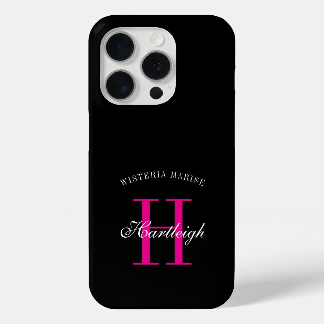 Moderne schwarze pinke weiße Monogramm Name Case-Mate iPhone Hülle (Rückseite)