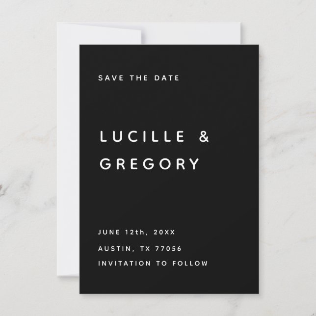 MODERNE SCHWARZE REDAKTION GROSSBUCHSTABEN SAVE THE DATE (Vorderseite)