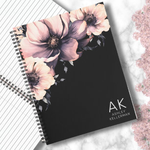 Moderne schwarze rosa Blumen-Monogramm-Initialen Notizbuch