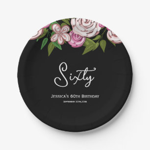Moderne schwarze rosa florale Schrift zum 60. Gebu Pappteller