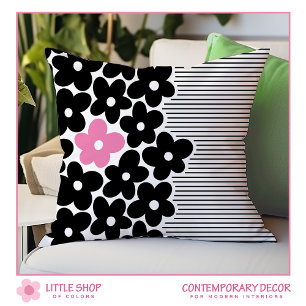 Moderne schwarze rosa Floralstreifen Kissen