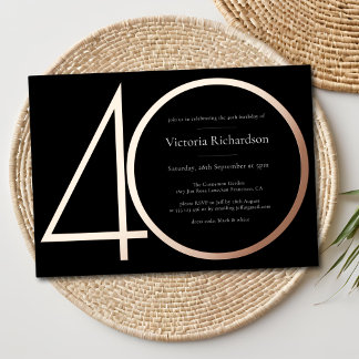Moderne Schwarze Rose Gold Minimalistisch 40. Gebu Folieneinladung