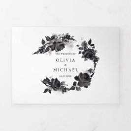 Moderne Schwarze Rose Minimalistische Hochzeit Dreifach Gefaltete Einladung