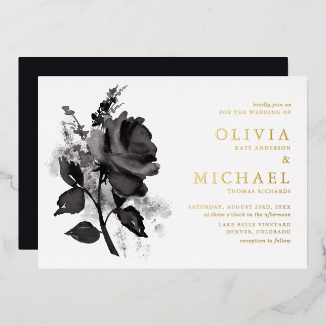 Moderne Schwarze Rose Minimalistische Hochzeit Folieneinladung (Vorderseite/Rückseite)