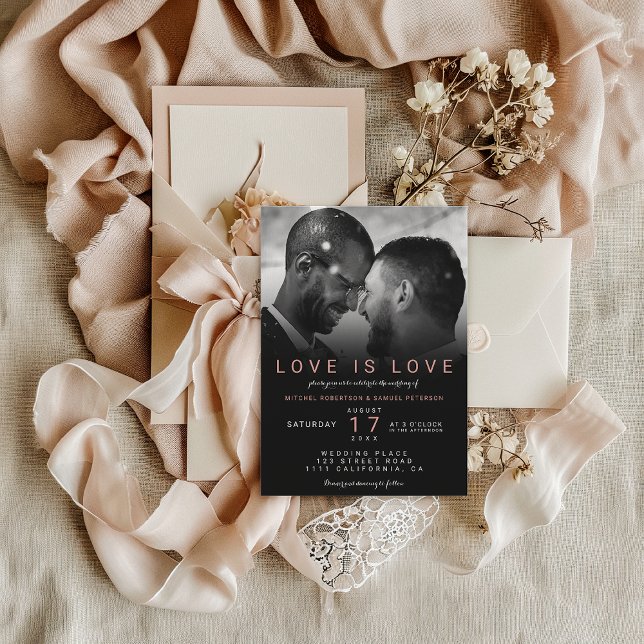 Moderne Schwarze Rose ombre Foto Homosexuelle Hoch Einladung (Modern black rose ombre photo gay wedding invitation)