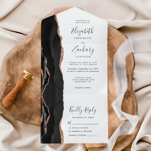 Moderne schwarze Roségold-Achat-Hochzeit All In One Einladung