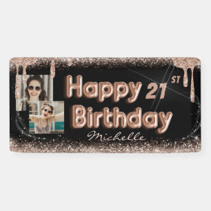 Moderne schwarze Roségold Glitter Geburtstagsbanne Banner