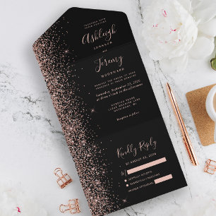 Moderne schwarze Roségold-Glitter-Hochzeit All In One Einladung