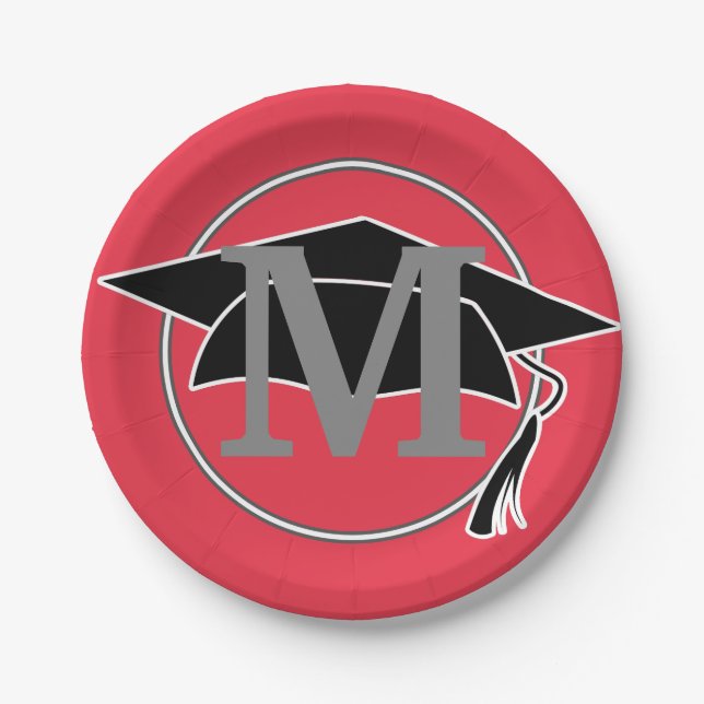 Moderne schwarze rote Abschluss-Monogramm-Initiale Pappteller (Vorderseite)