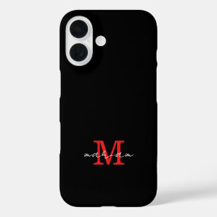 Moderne schwarze rote personalisierte Monogramm-Ha iPhone 16 Hülle