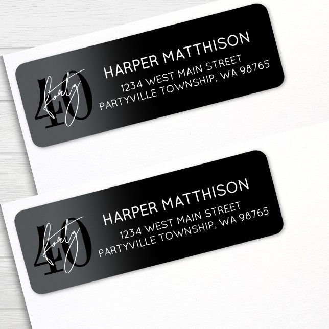 Moderne schwarze Rücksendeadresse zum 40. Geburtst (Modern Black 40th Birthday Party Return Address label)