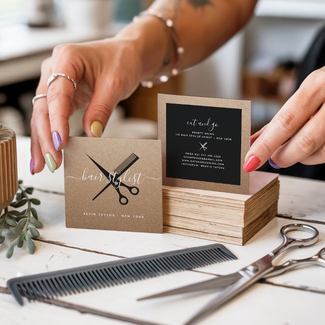 Moderne schwarze Schere, die Haar-Stylistin Quadratische Visitenkarte (Modern black scissors branding hair stylist kraft)