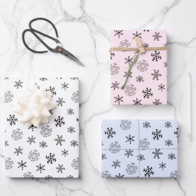 Moderne Schwarze Schneeflocken Blau Pink Weiße Wei Geschenkpapier Set (Vorderseite)