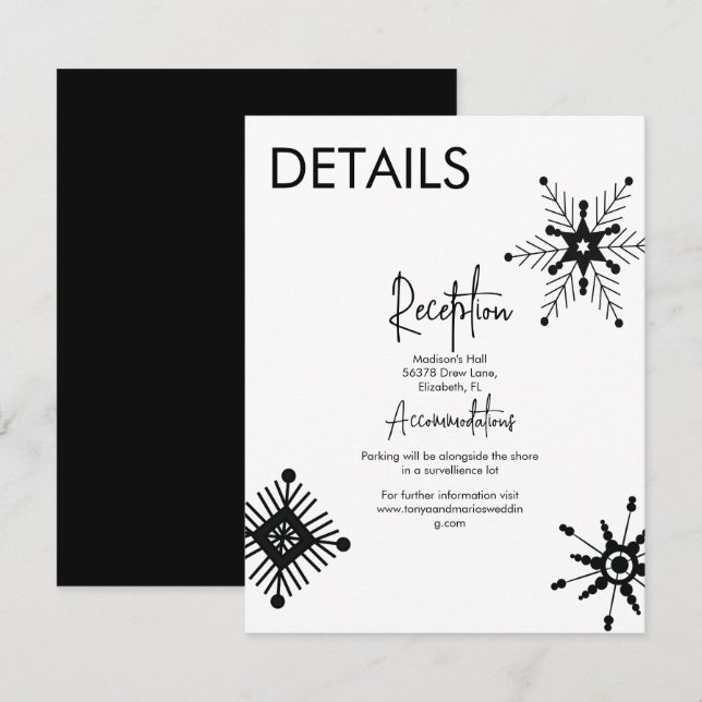 Moderne Schwarze Schneeflocken-Hochzeitsdetails Einladung (Vorne/Hinten)