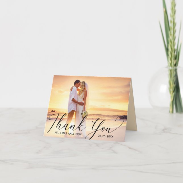 Moderne Schwarze Schrift 2 Foto Hochzeit Dankeskarte (Vorderseite)