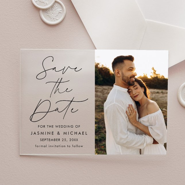 Moderne schwarze Schrift Foto Save-the-Date-Karte Acryleinladungen (Von Creator hochgeladen)