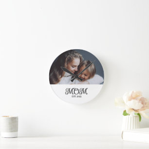 Moderne schwarze Schriftfoto-Uhr von Mama gegründe Runde Wanduhr