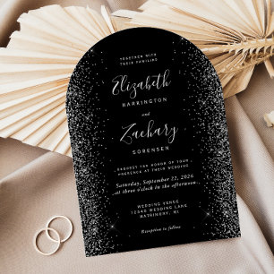 Moderne schwarze silberne Glitter-Bogen-Hochzeit Einladung