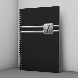 Moderne schwarze silberne Monogramm-Metall Notizblock