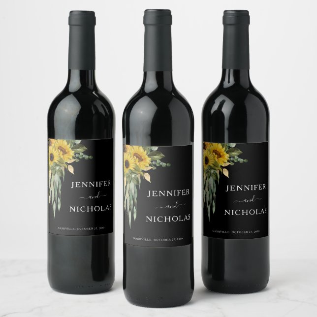 Moderne Schwarze Sonnenblume Black Wedding Weinetikett (Flaschen)