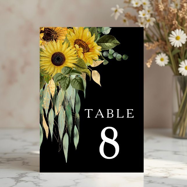 Moderne Schwarze Sonnenblumenhochzeit Tischnummer (Modern Black Sunflower Wedding Table Number)