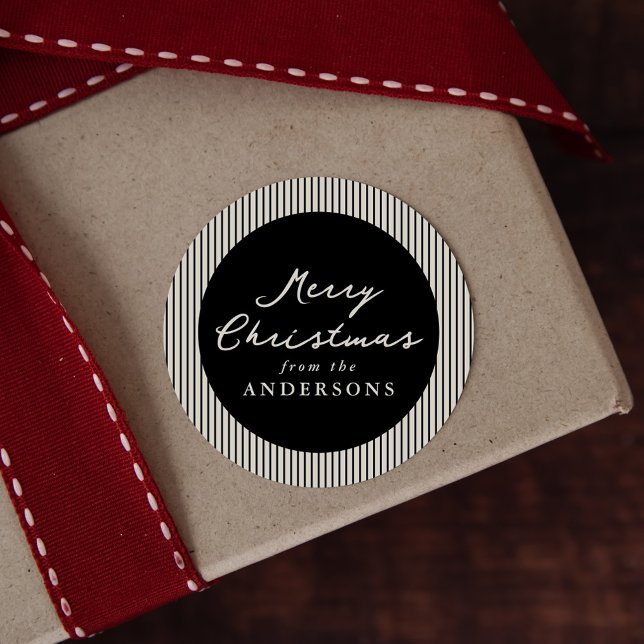 Moderne schwarze Streifen Frohe Weihnachten Runder Aufkleber (Von Creator hochgeladen)