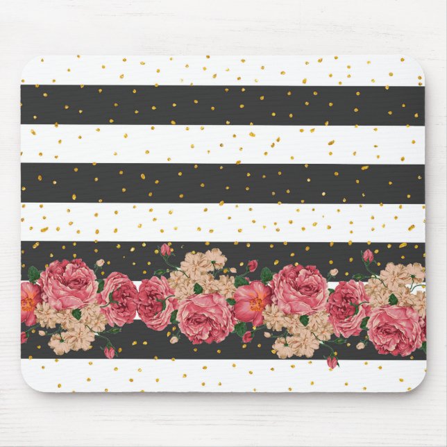 Moderne schwarze Streifen goldener falscher Glitte Mousepad (Vorne)
