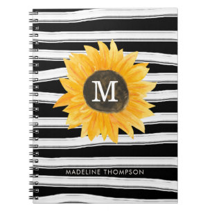Moderne schwarze Streifen Sonnenblumen Monogram Sp Notizblock