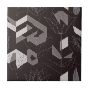 Moderne schwarze Taupe-Tulpen-Geometrie-Blumenmust Fliese