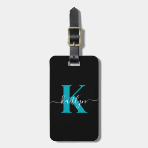 Moderne schwarze Teal-Schrift-Monogramm Gepäckanhänger