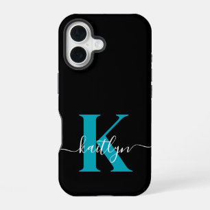 Moderne schwarze Teal-Schrift-Monogramm iPhone 16 Hülle