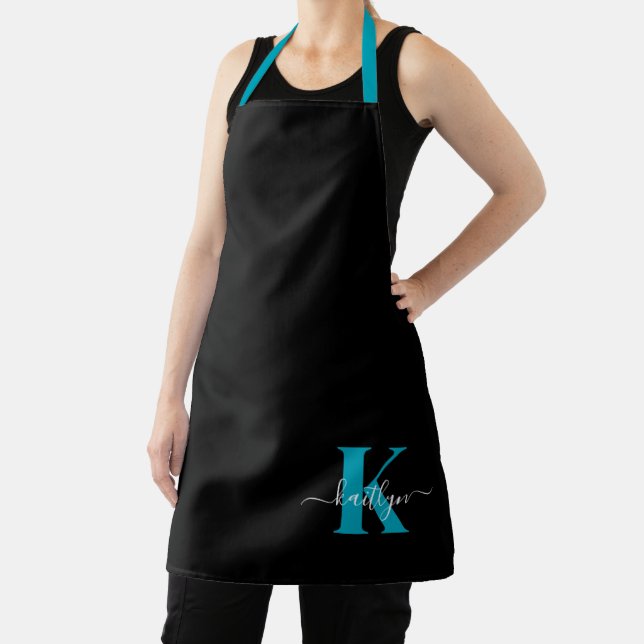 Moderne schwarze Teal-Schrift-Monogramm Schürze (InSitu)