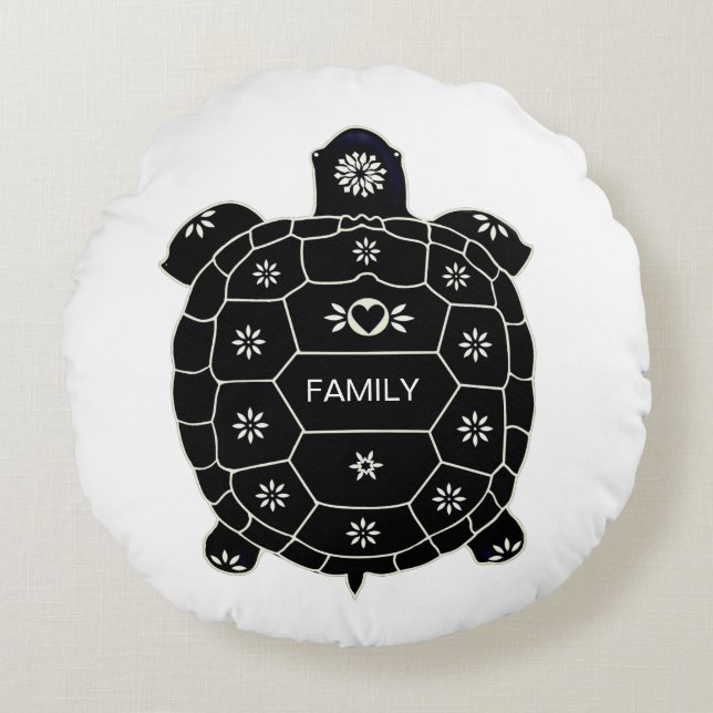 Moderne Schwarze Tortoise auf Weiß Rundes Kissen (Vorderseite)