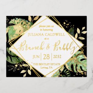 Moderne schwarze tropische Hochzeitsbrunch & Bubbl Folie Einladungspostkarte