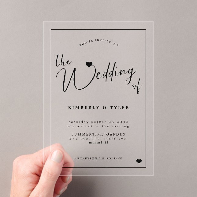 Moderne schwarze Typografie-Hochzeit Acryleinladungen (Insitu (Handheld))