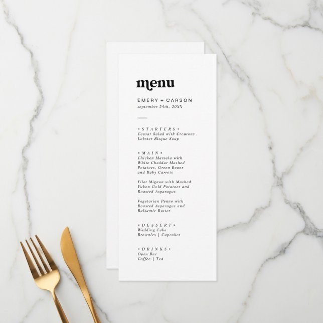 Moderne Schwarze Typografie Hochzeitmenü Menükarte (Vorderseite/Rückseite Beispiel)