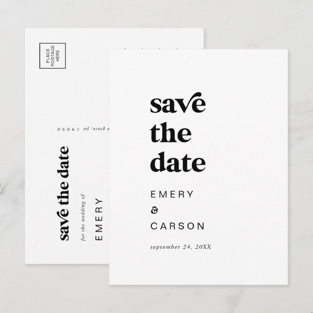 Moderne schwarze Typografie Save the Date Einladungspostkarte (Vorne/Hinten)
